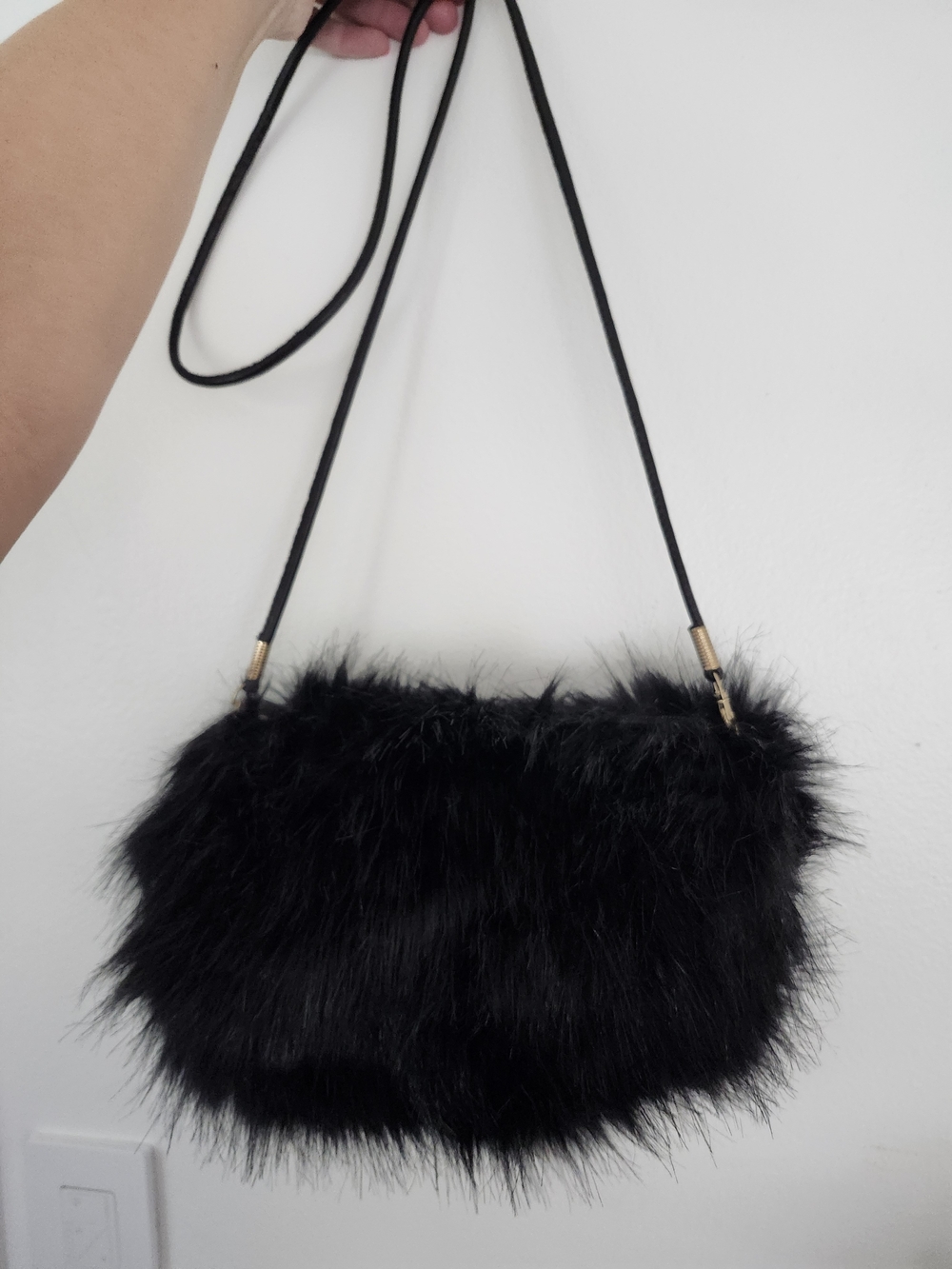 Black Faux Fur Crossbody Clutch with Slim Strap